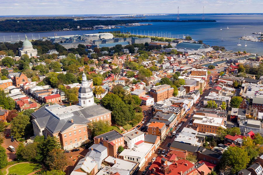 Annapolis, MD - Aerial View Annapolis Maryland State House and Capital City on a Sunny Day